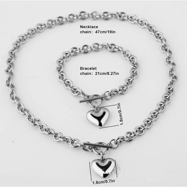 Hjertekæde Halskæde + Hjerte Armbånd til Kvinder Piger Hjerte Vedhæng Toggle Charm Smykkesæt Rustfrit Stål Sølv