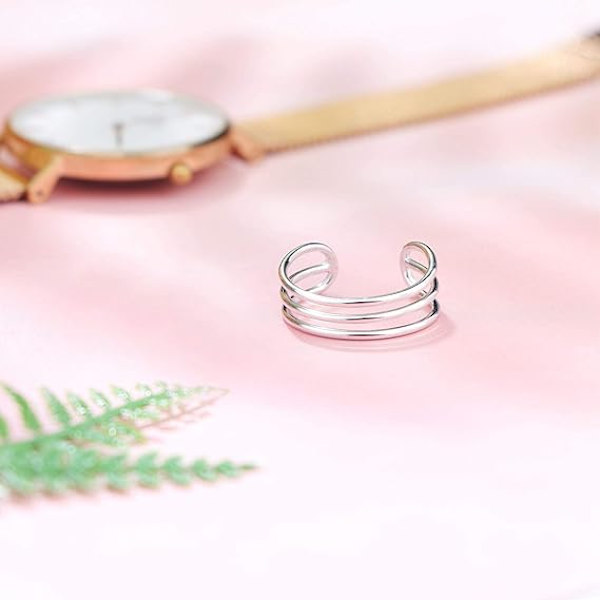 925 Sterling Silver Horisontell Dubbel Trippel Linjer Öppna Ringar Minimalistisk Enkel Band för Kvinnor Justerbar