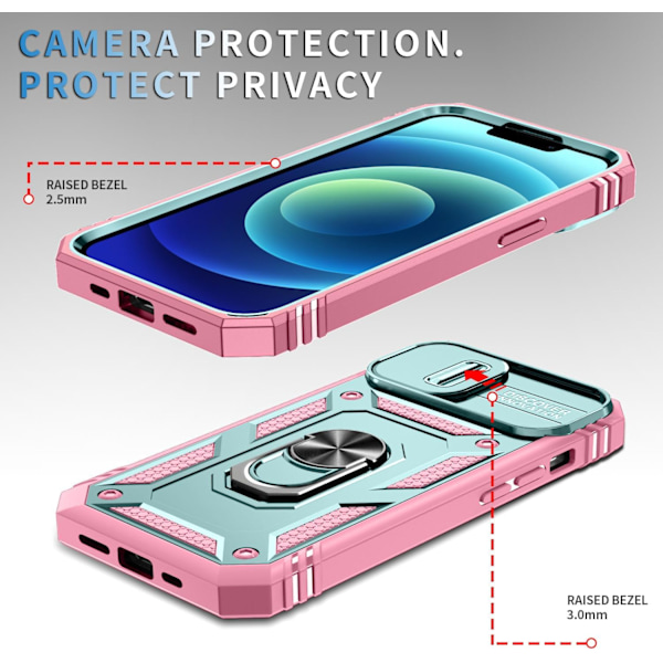1 stk iPhone 15 Etui, Kameraetui med Roterende Ringholder for Apple iPhone 15 Green and Pink