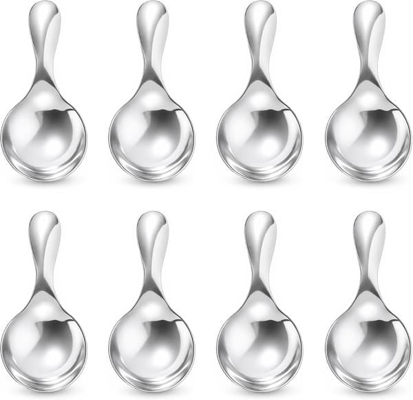 Sæt med 8 små teskeer i rustfrit stål med korte håndtag til is, salt, sukker, te, desserter (sølv)