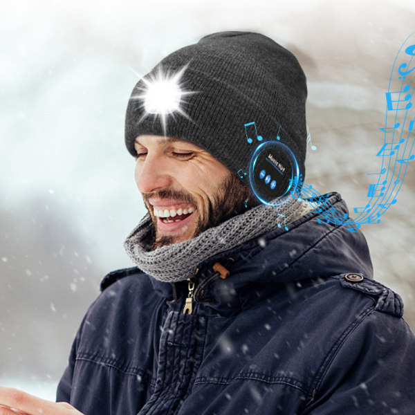 (Grå) Bluetooth V5.0 LED-beanie, musikstrikkede hatte med skridsikker G