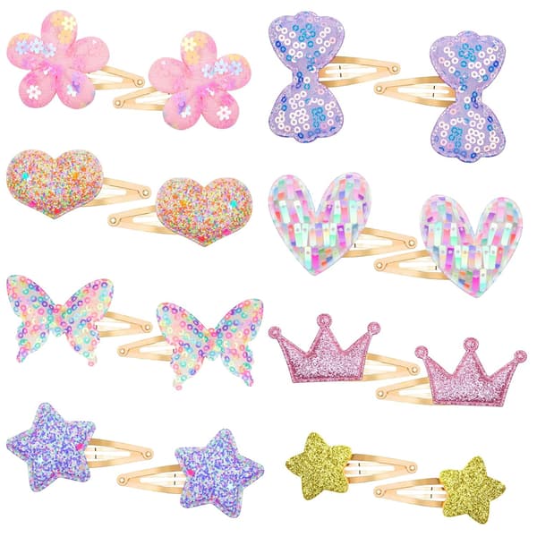 16 Glitrende Metall Snap Hårspenner for Jenter, Blomst/Stjerne/Krone/Hjerte/Sommerfugl Formede Stylingtilbehør