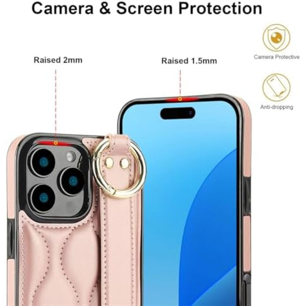 Apple iPhone 16 Pro Max Deksel Søt med Håndleddsstropp Stativ for Kvinner Jenter, PU Lær Håndleddsbånd Telefondeksel med Ring