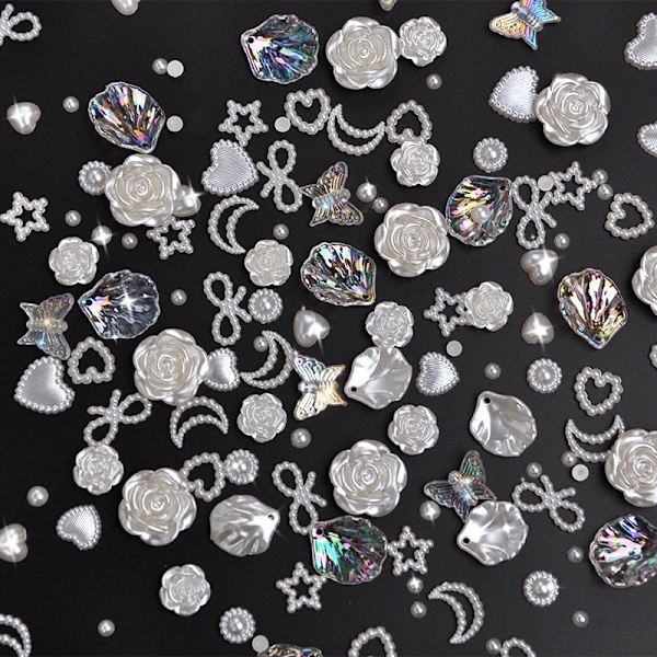 100 stk 3D Multiforme Negle Charms og Flatback Perler, Hvid Mix Styles Hjerte Stjerne Bue Solsikke Pynt til Negle