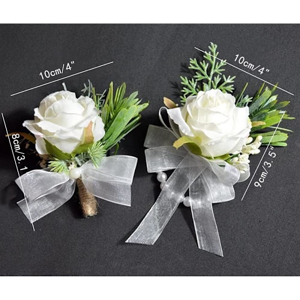 (2-pack) Vita rosor blomsterarmband och konstgjorda corsage handgjorda armband och knapphål