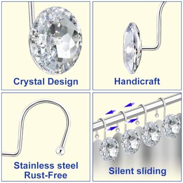 2,5 tommer 12 stk Dusjforhengkroker Ringer til Bad, Rustfritt Stål Rustbestandig Dekorative Rhinestones Henger for