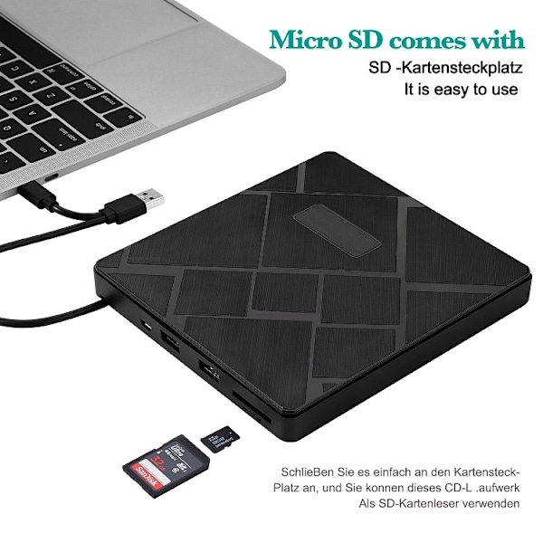 Extern CD/DVD-läsare och brännare, USB 3.0 och Type-C, med SD/TF-kortplats och 2 USB, 5 i 1, för W