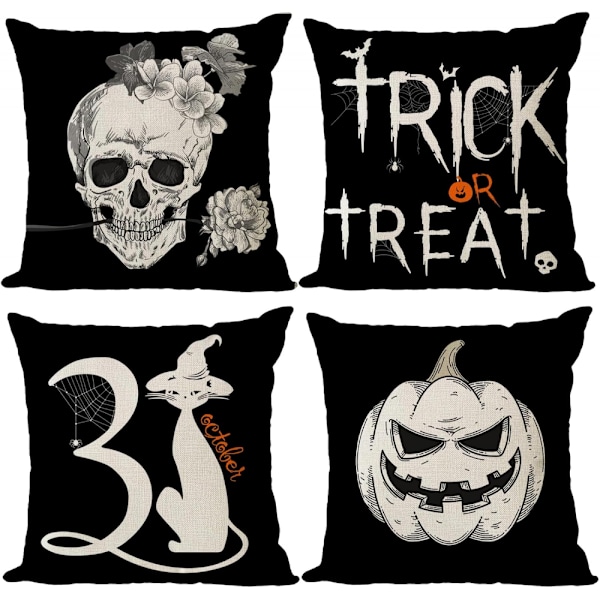 Sæt med 4 Halloween pudebetræk 45x45cm Trick or Treat græskar dekoration sort kranie Halloween pude