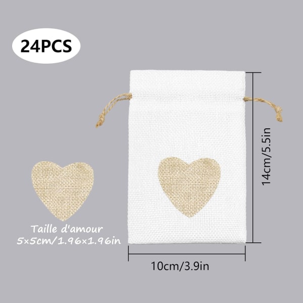 (White)24Pcs Heart Pattern Burlap Bags Pouches 10 * 14CM, for Wed