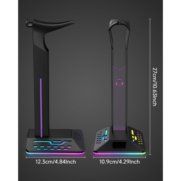 RGB Headset Stand, Gaming Accessories, Headset Stand med 2 USB-porte og 1 Type C Port, Cool LED He