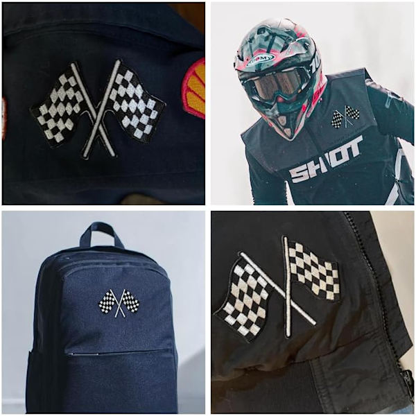 2 stk. svart-hvitt auto racing finish line flagg lapper, rutete racing flagg sy på eller stryke på