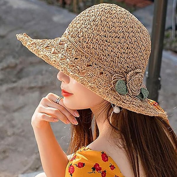Elegant Hæklet Stråhat med Flæsedetalje, Dame Stråhatte til Sommer Strand Bredskyggende Solbeskyttelseshat