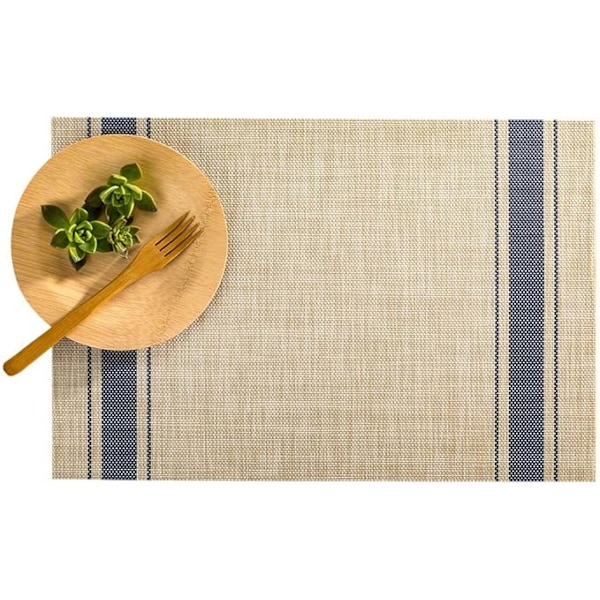 Sett med 6 30 x 45 cm Spisebordsplassmatter Varmebestandige Kjøkkenbordmatter - Marineblå Stripe Flekkfri Khaki Vinyl Vevd Rec