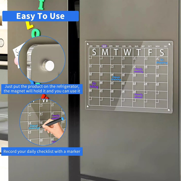 Sett med 2 magnetiske kjøleskapskalendere 30x40cm Transparent slettetavle Månedlig og ukentlig akrylplann
