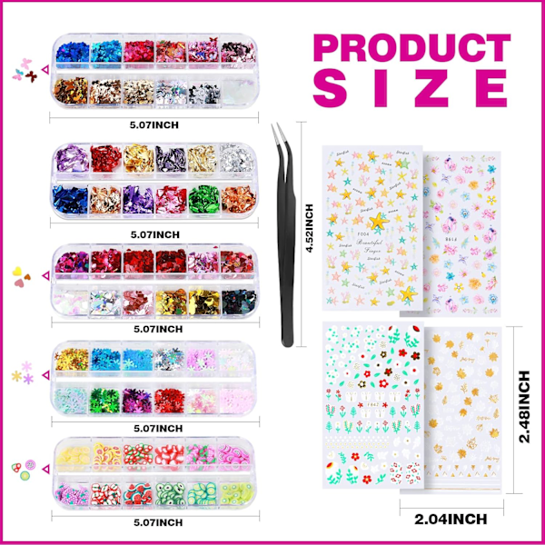 1 Set Nageldekaler, 12 Ark Nagelkonstdekaler 3D Självhäftande och 5 Askar Fjärilsnagelpaljetter Hjärta Glitterfolie