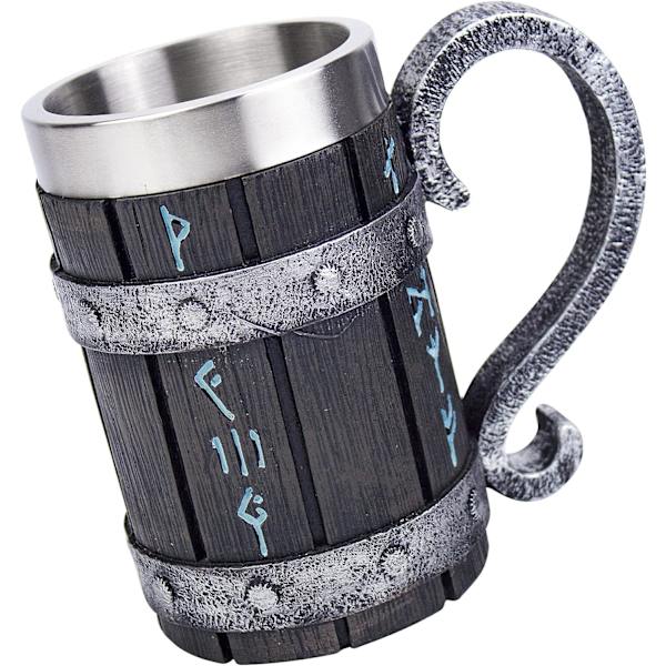 Nordisk Viking Rune Ølkrus Rustfritt Stål Tretjære 3D Norrønt Dekor Kaffe Kjølig Gå