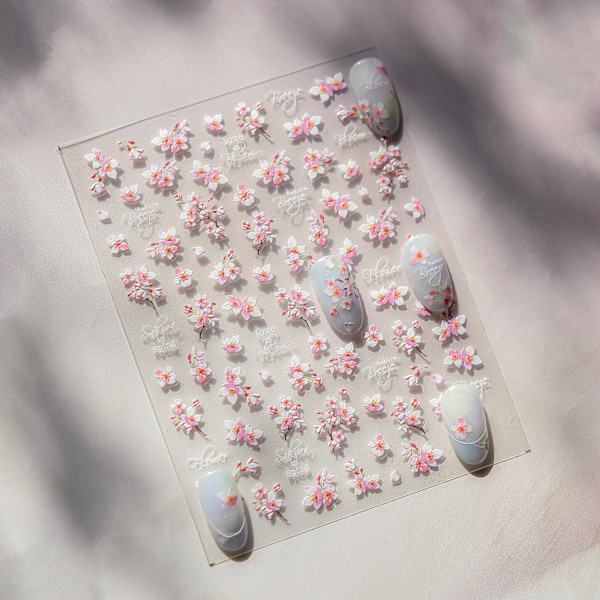 Vårblomma 5D Präglade Nagelstickers Rosa Sakura Blomma Nageldesign Blomster Nagelstickers för Nagelkonst Relief Kronblad Nageltillbehör för Kvinnor Flickor