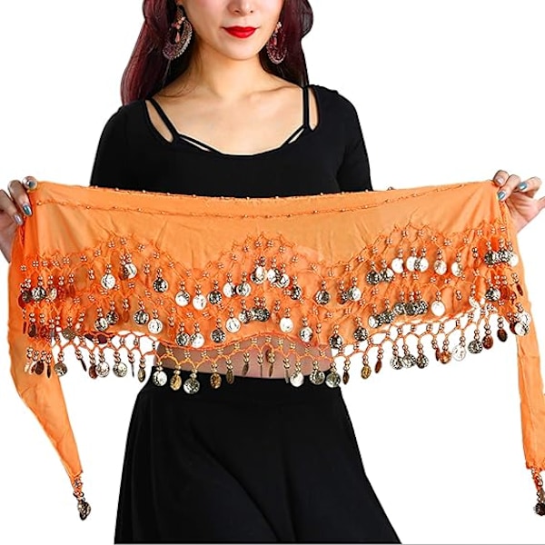 (Oranssi) Vatsatanssi Hip Scarf, Naisten Chiffon Vatsatanssihuivi, 128 Kolikkoa, Sopii Joogakursseille