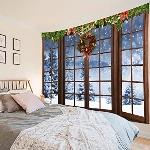 100x150cm Jul og Vinterveggteppe Snøskog utenfor Vinduer Veggteppe Henge Røde Julekuler og Julekrans