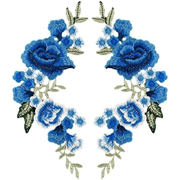 1 Par Blå Ros Broderi Patch Vackra Blommor Broderade Applikationsplaster för Kläder