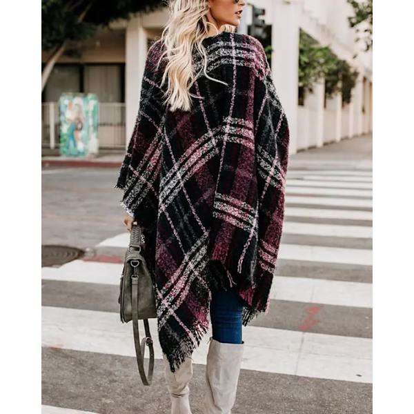 Dame Boho Åpen Front Poncho Strikket Rutete Sjal Wrap Cape Tassel Cardigan Genser