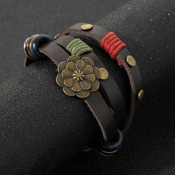 1 st. Boho brunt läderarmband med mässing/brons lotusblomma, stapelbar trendig smycke för kvinnor