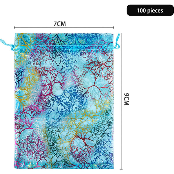 Organza-laukut, 100kpl 7x9cm värikäs kiristysnyörillä korallikuvioinen pieni organza-laukku, korupussi, jossa