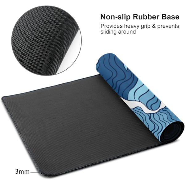 1 stk Blå og Hvid Bølge Gaming Mousepad XL, Skridsikker Gummisål Mousepad, Syet Kanter Skrivebordsunderlag, Udvidet Stor