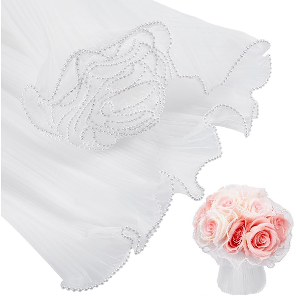 4 Yards Hvid Blomsterindpakningsnetpapir, Perle Kant Buket Emballagepapir Rynket Gennemsigtig til Festgave Dekoration