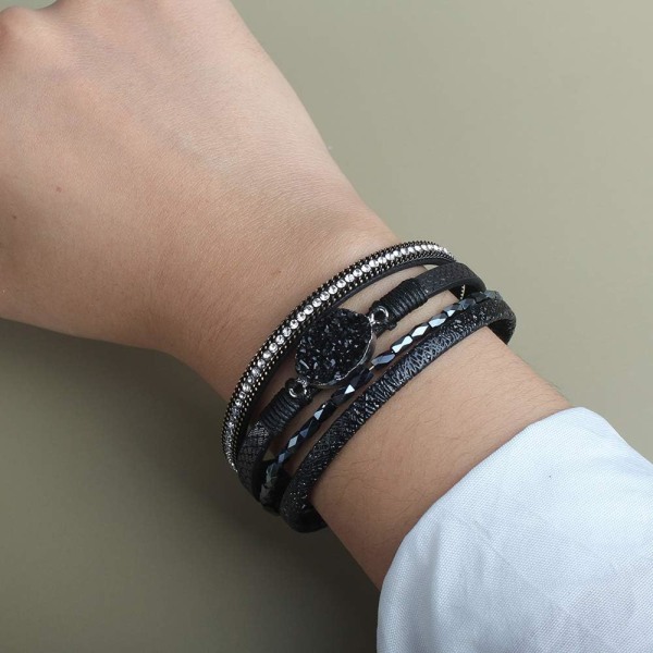 Læder Wrap Armbånd Boho Manschet Armbånd til Kvinder Krystal B