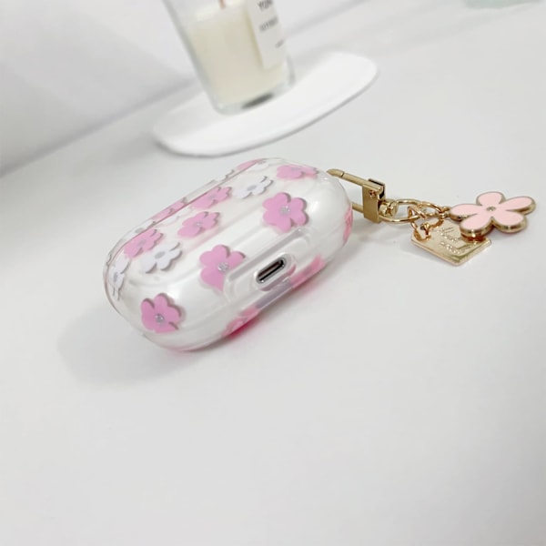 för AirPods 4:e generationens fodral med nyckelring + rengöringskit, Sött Genomskinligt Rosa Blommigt Skyddande Hörlursfodral, Mjuk Transparent TPU för AirPods 4 C