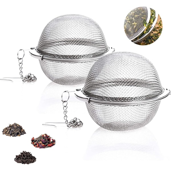 Set med 2 teinfusionsbollar i rostfritt stål 5 cm, tesil med förlängd kedjekrok och extra fint nät för bryggning av löst te, kryddor och smaksättningar