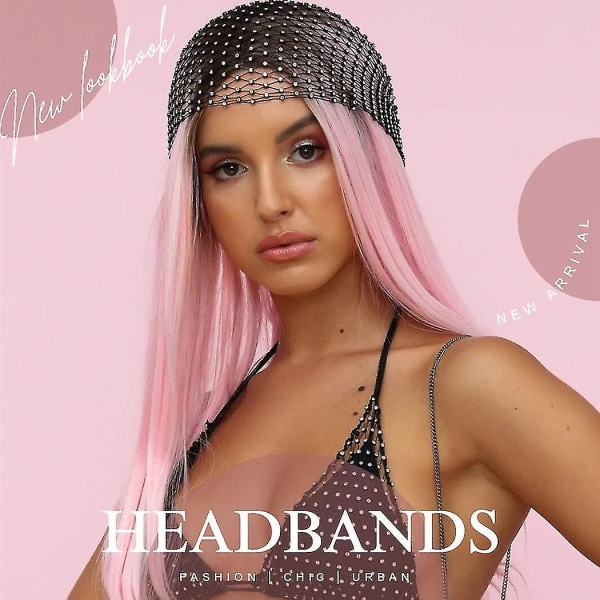 Mesh Rhinestone Pannband Svart Paljetter Bred Pannband Elast