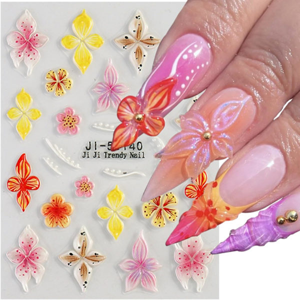 4 ark Nagelstickers Självhäftande Nagelstickers Färgglada 3D Blommor Floral Nagelstickers Konstdesign Tillbehör Hög Kvalitet