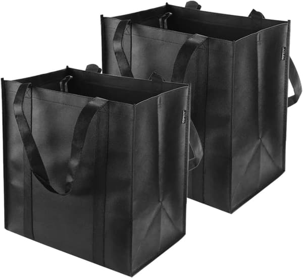 Sæt med 2 indkøbsposer, 38 x 33 x 25 cm genanvendelige foldbare muleposer sorte med krog til indkøb
