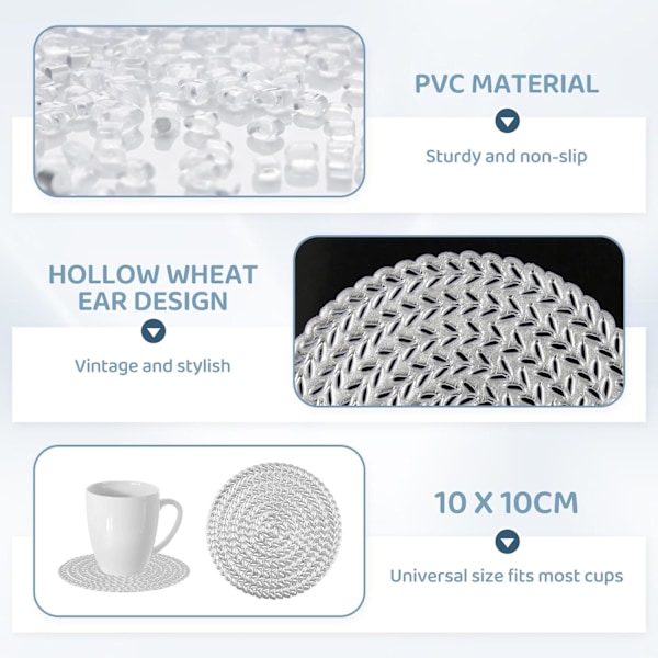 Set med 6 runda PVC-underlägg 10 cm, silverfärgade underlägg med veteaxdesign, halkfria underlägg, underlägg idealiska för koppar, glas och dekoration, BPA-fria