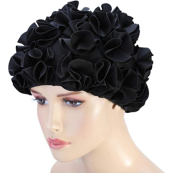 Sort Blomstersvømmehat Hætte Svømmehat Kvinder Børn Retro Blomster Blomster Mode Elastisk Badehætte