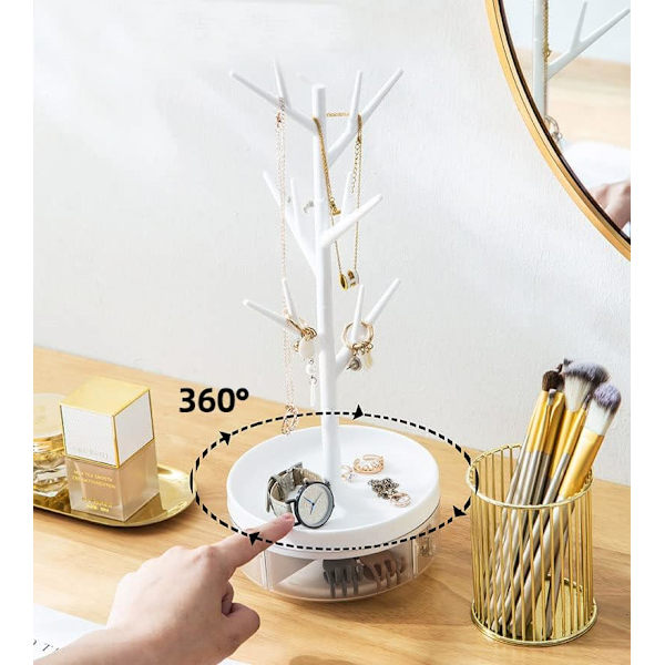 Gren-smykkeholder med svingbar base og oppbevaring for ringer, øredobber, halskjeder og armbånd, egnet for stue og bad