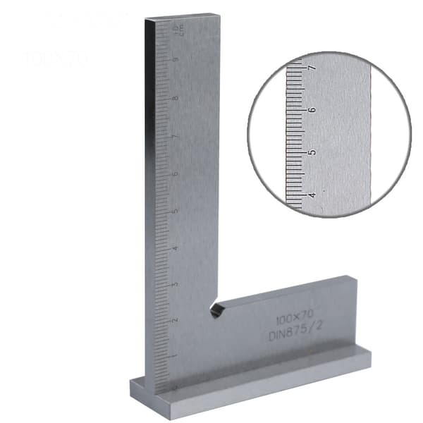 Tømrervinkel 100 x 70 mm med gradueringer (cm), Solid Tømrervinkel, 90° Præcisionsvinkelmålerbase