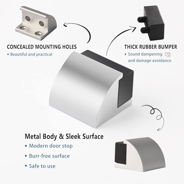 Svart Gummi Dørstopper - Moderne Sølv Krom Dørstopper - Solid Metallveggbeskytter med Buffer og Beslag, 1 stk
