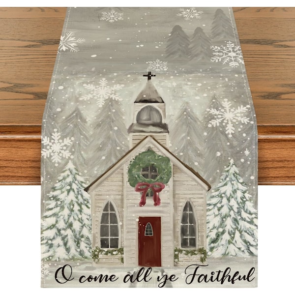 33×183×1cm Church Xmas Trees Snowflakes Merry Christmas Table Runner, Bow Tie Kitchen Dining Table Decoration for Outdoo