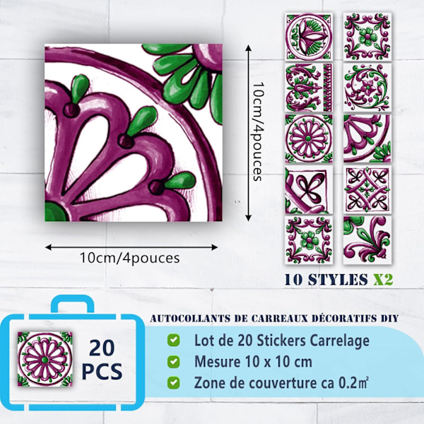 20 kpl Laattatarroja Keittiöön ja Kylpyhuoneeseen Vedenpitävät PVC Seinätarrat Itsekiinnittyvä Mosaiikkikoristelu Retro Arkkitehtoninen Tyyli (10x10cm, P
