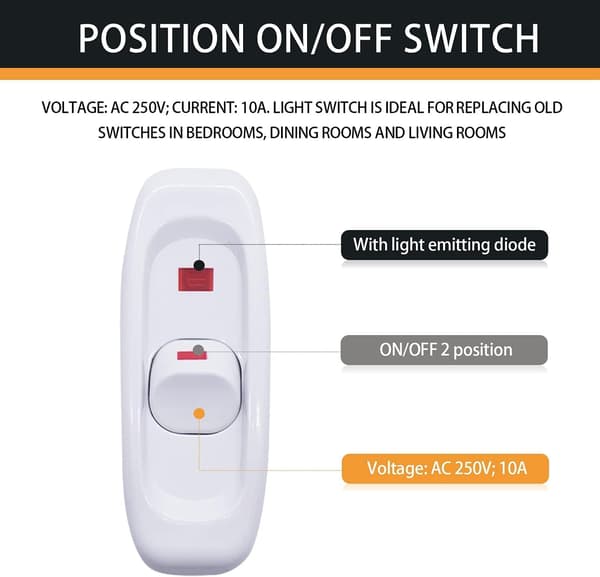 4-pakning inline ledningsbryter på/av-knapp 10A 250V inline strømbryter med LED-lys (hvit)