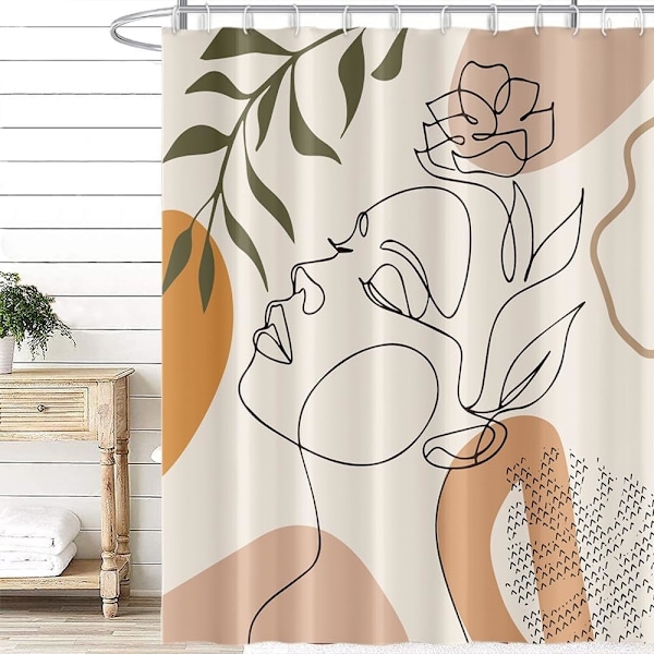 180Lx180Hcm Abstrakt Ansikt Dusjforheng, Svarte Dusjforheng Minimalistiske Linjer Badeforheng Anti-Mugg Vanntett Polyester Stoff Vaskbart Baderom