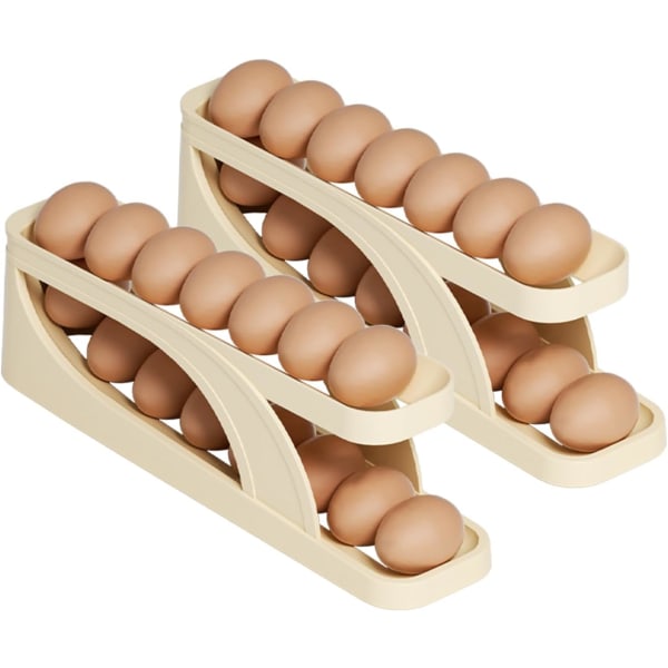 (2 stk) Dobbeltlags eggbeholder for kjøleskap, automatisk rullende eggbeholder,