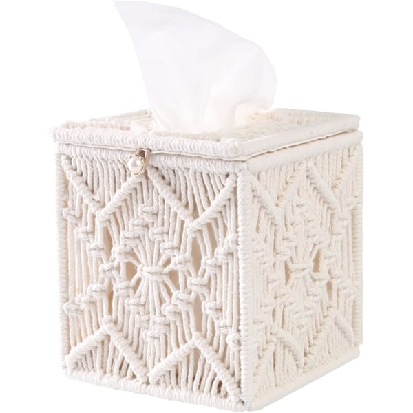 Bohemian Macrame Square Tissue Box Cover for Bathroom - Woven Beaded Loop Napkin Holder - Dresser Organizer