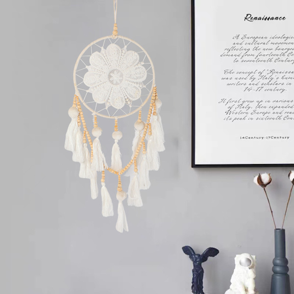 Drømmekatcher Væghæng med Pomponer Stor Hvid Drømmekatcher Træperler Boho Væghæng, Håndlavet Kvaster Ornament