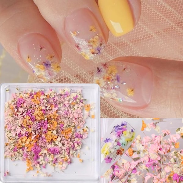 3D Torkade Blommor för Naglar, Vårflor Nail Art Dekaler 1 Ask Torkade Blommor för Resin Hantverk Färgglada Små Naturliga F