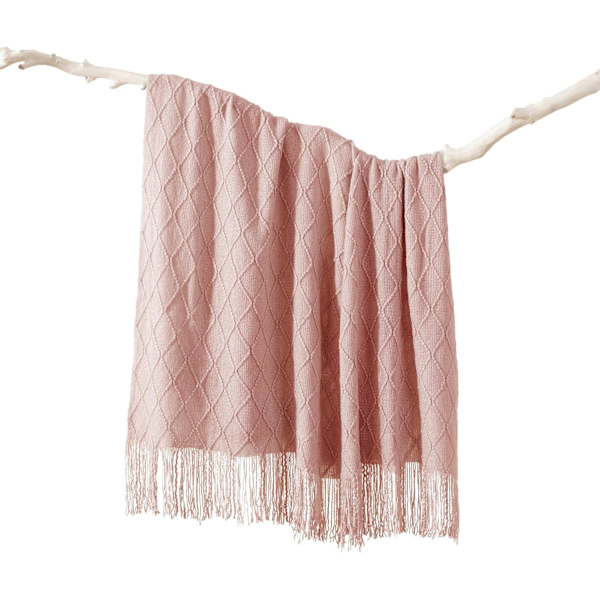 Blush Kastanjetæppe med Kvaster, Pink Strikket Tæppe til Hjemmeindretning, Boho Stil Struktureret Strikket Dekorativt Tæppe til C