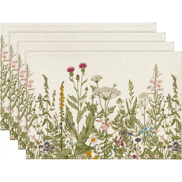 4 Pcs Summer Placemats, 12x18 Inch Seasonal Wildflower Spring Table Mats